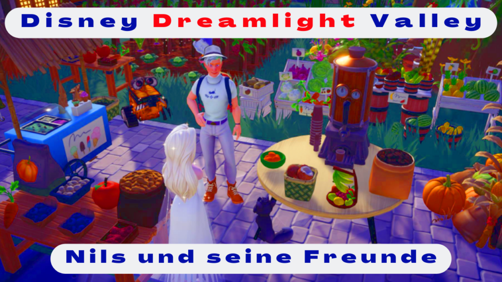Bild Disney Dreamlight Valley deutsch Nils und seine Freunde Elsa und WALL-E und Jimmy Lucky der Hund